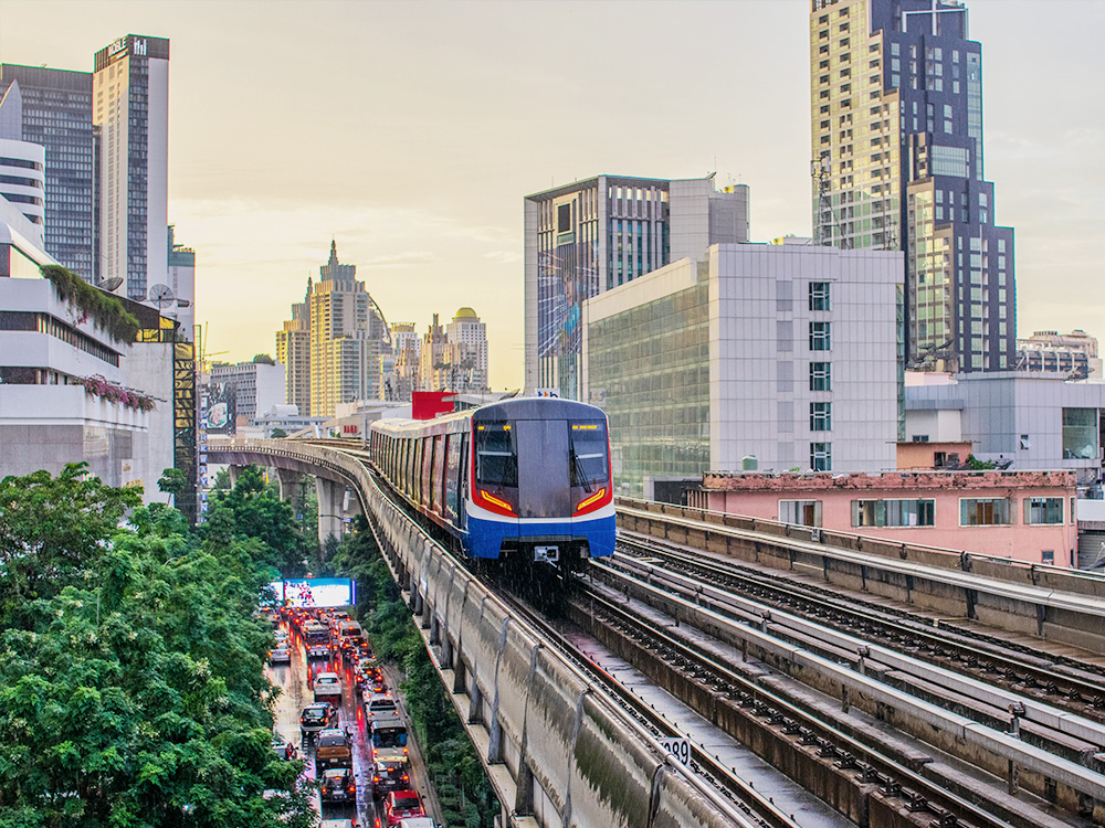 Public transport: Skytrain, subway, bus, and boat.